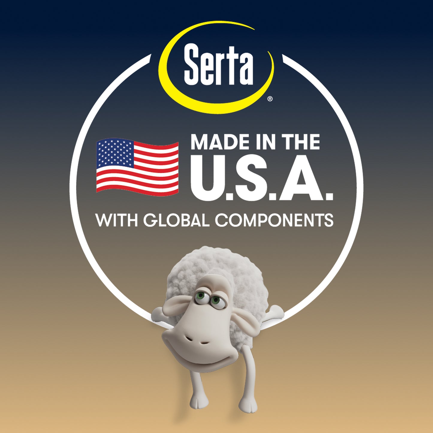 Serta logo with a sheep character and 'Made in the U.S.A.' text on a gradient background