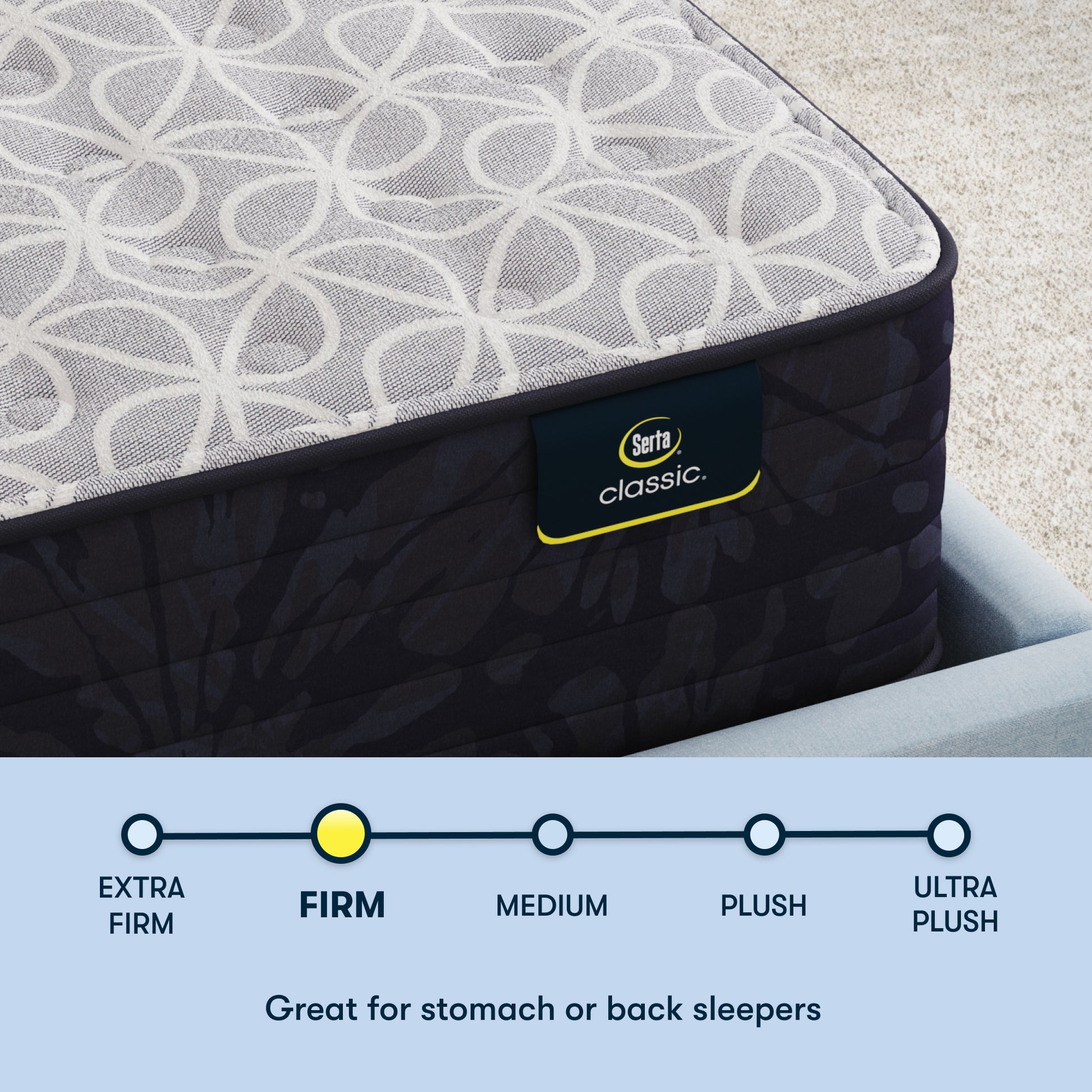 Serta Classic mattress with a label indicating firmness level and sleep preferences.