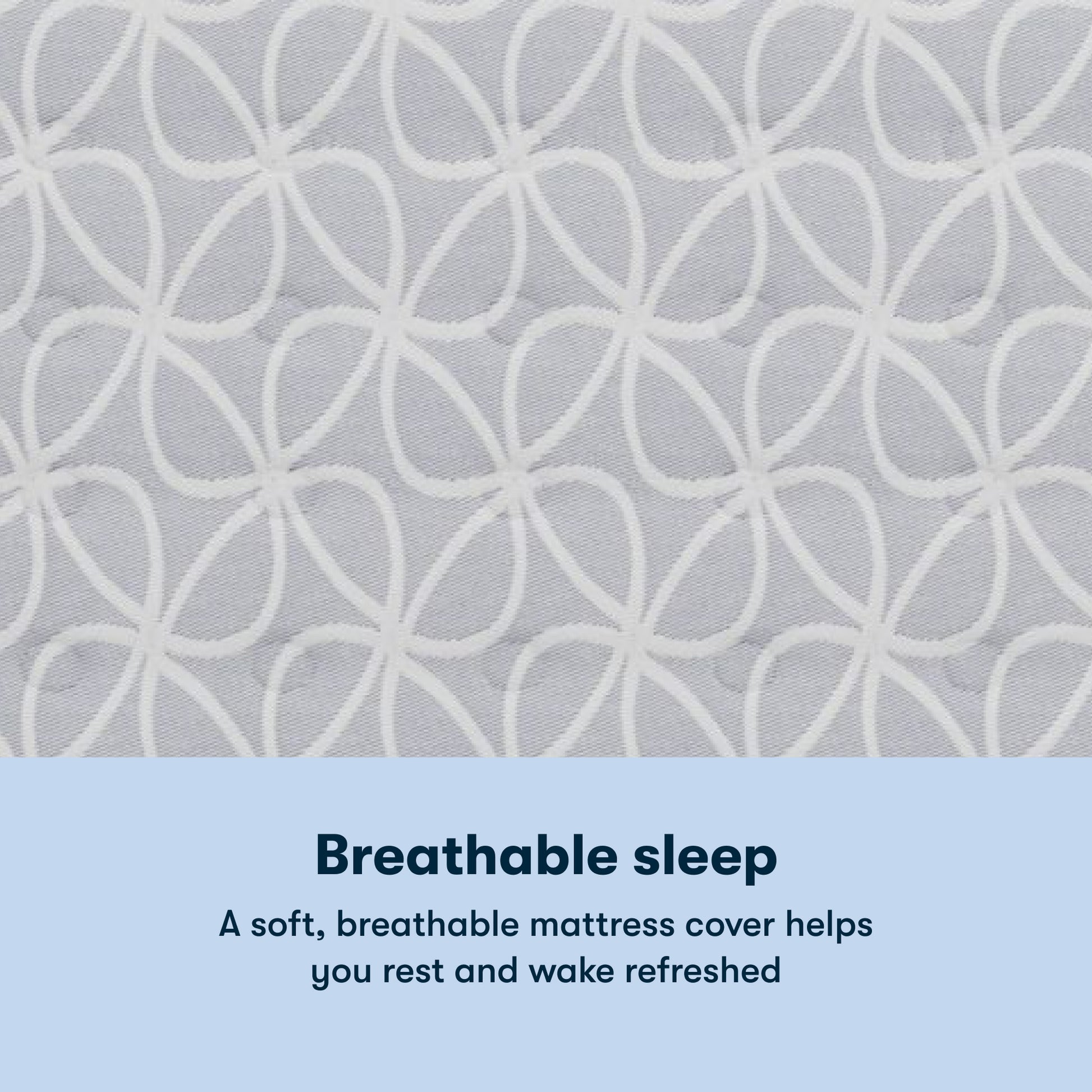 Text 'Breathable sleep' with a patterned Serta Classic Clarks Hill Mattress cover background