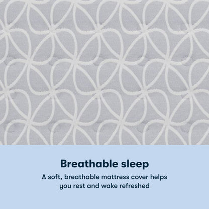 Text 'Breathable sleep' with a patterned Serta Classic Clarks Hill Mattress cover background